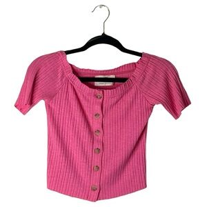 HYPED UNICORN Small Pink Ribbed Crop Top Sweater Scoop Neck Short Sleeve Raw Hem